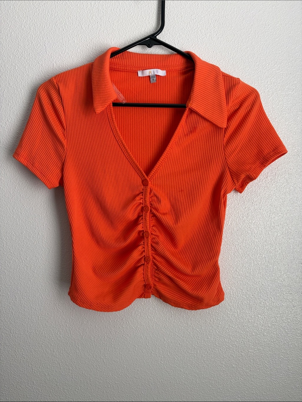 iris Orange Ribbed Collared Ruched Crop Top